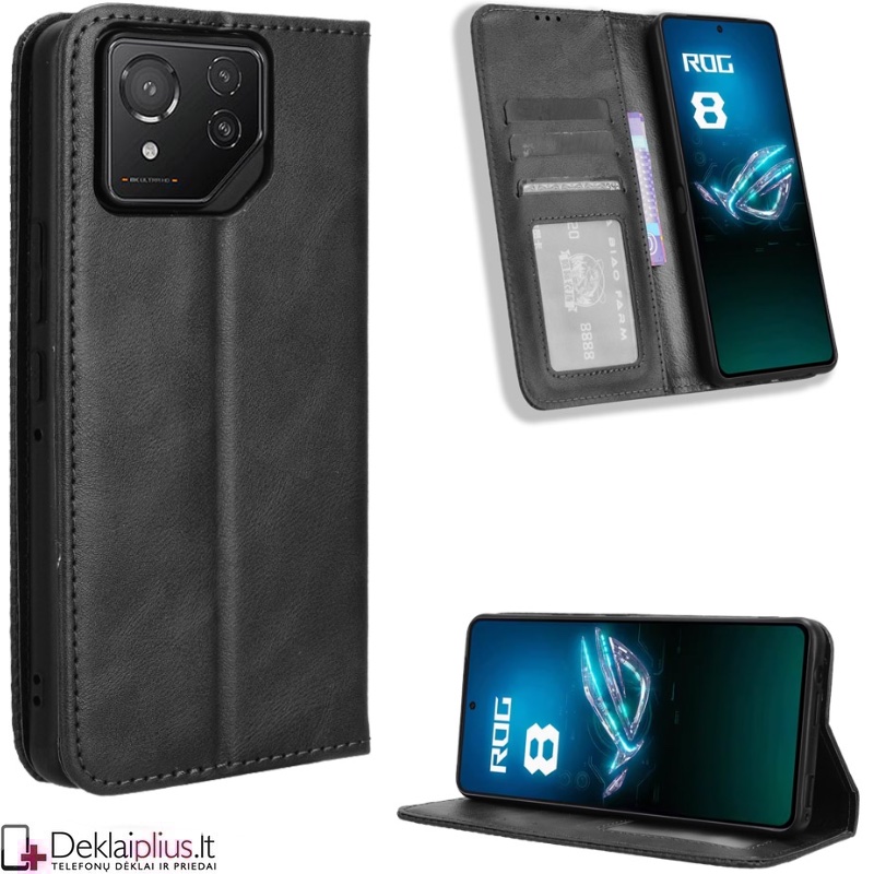 Dirbtinės odos atverčiamas dėklas su skyreliais - juodas (Asus Rog Phone 8/8 Pro) Dirbtinės odos atverčiamas dėklas su skyreliais - juodas (Asus Rog Phone 8/8 Pro)